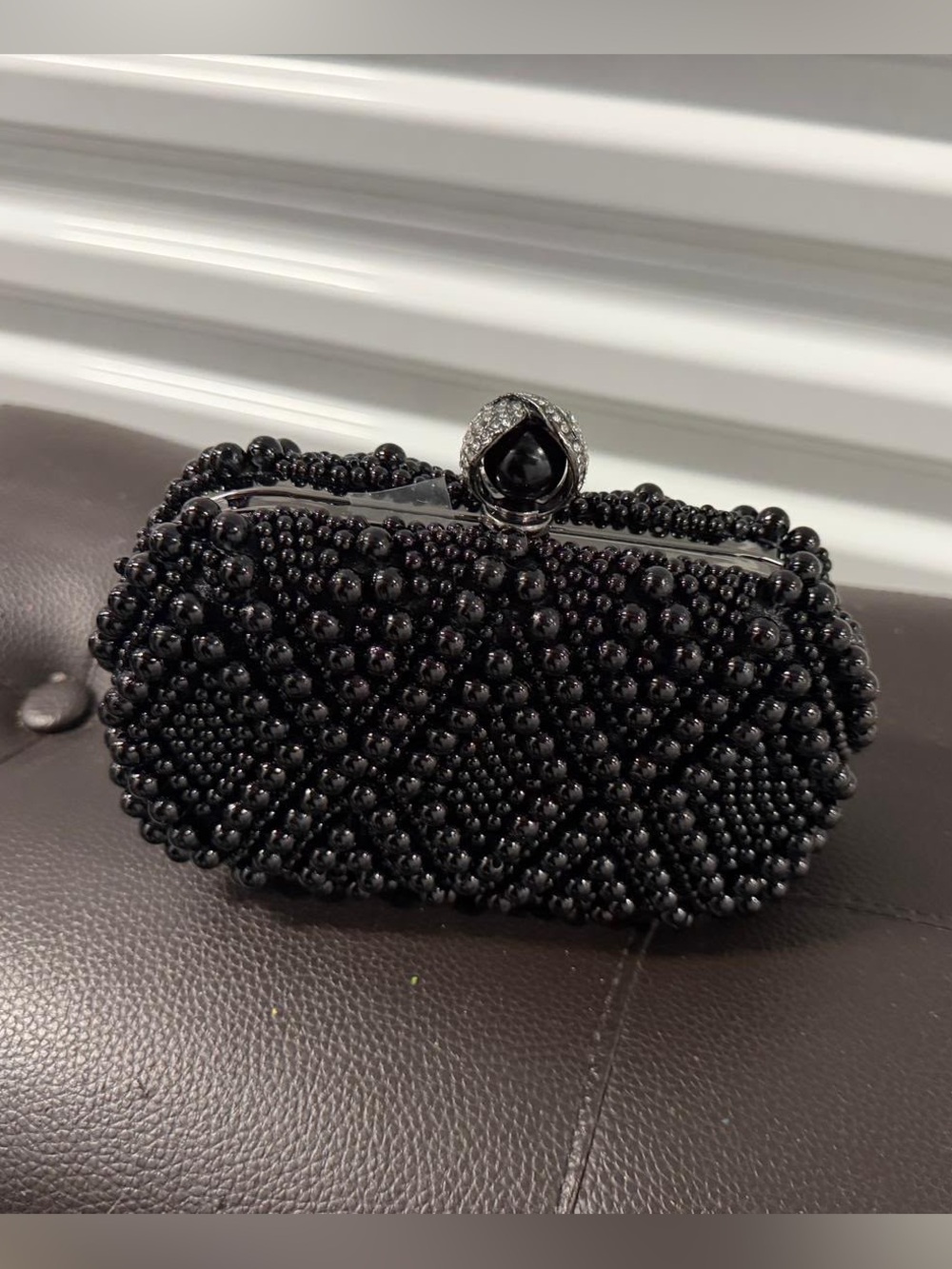Gianni Bini Black Beaded Evening Clutch with Jeweled Clasp
